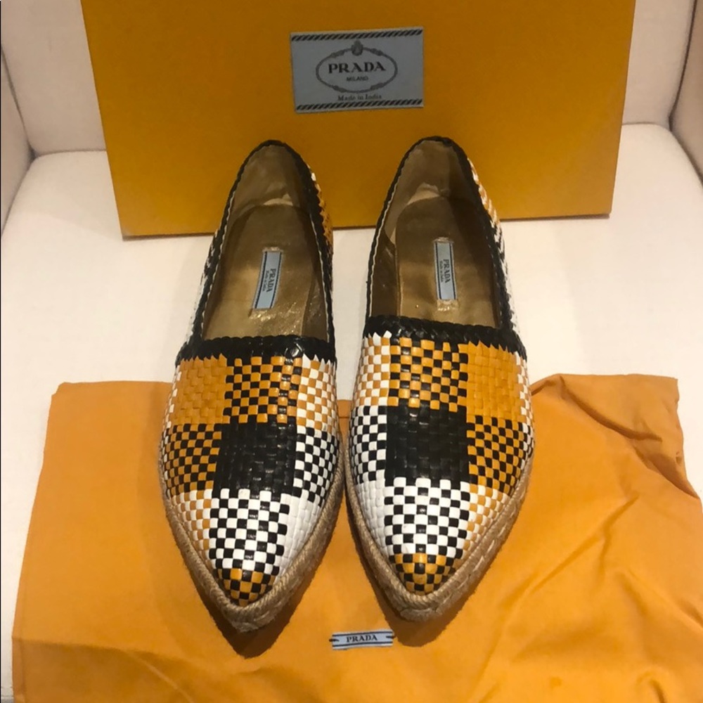 Prada Black/Orange/White Woven Leather Espadrilles